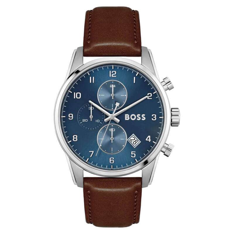 Hugo Boss Skymaster chronograph watch with blue dial and brown leather strap