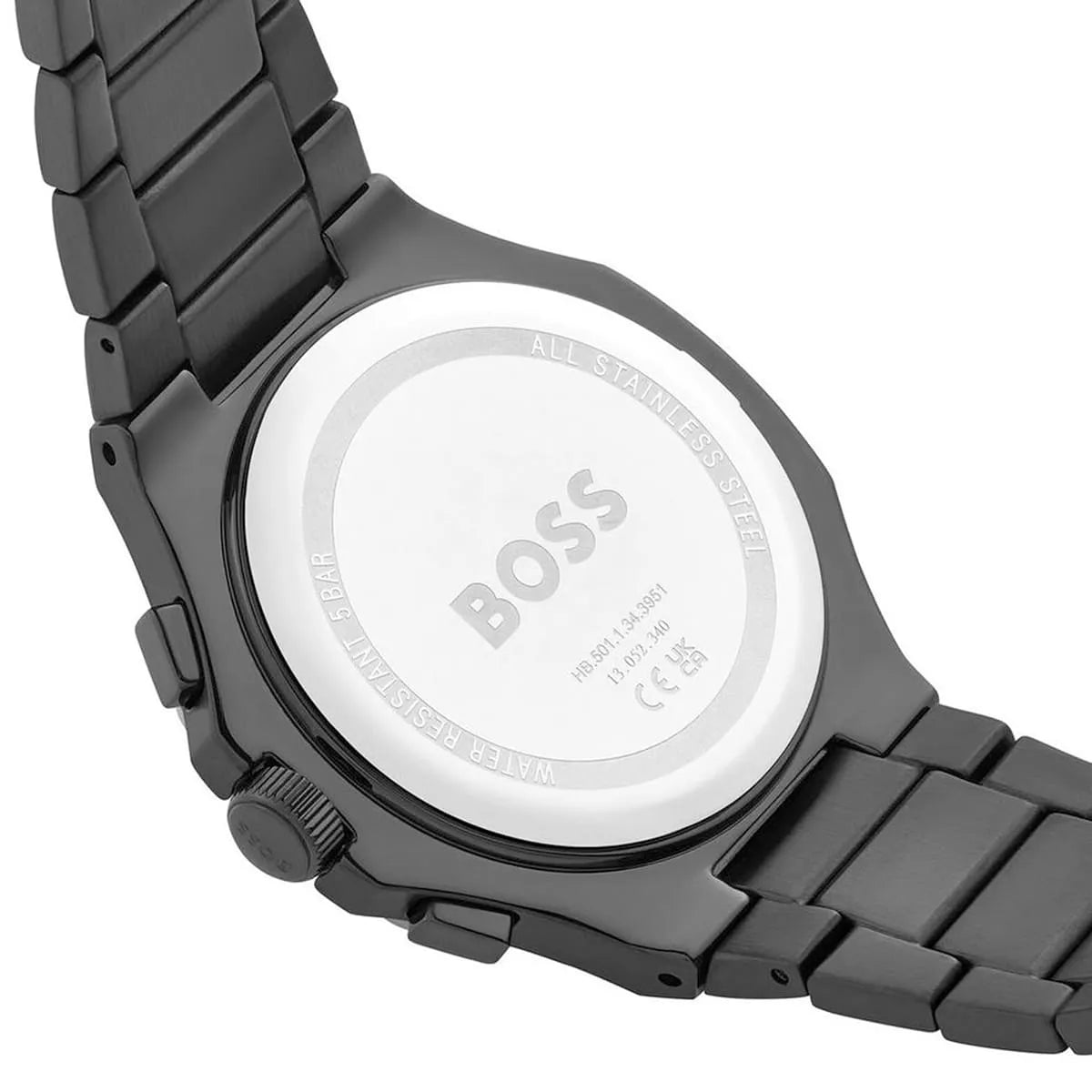 Hugo Boss Taper men's watch angled view displaying rose gold bezel and chronograph subdials