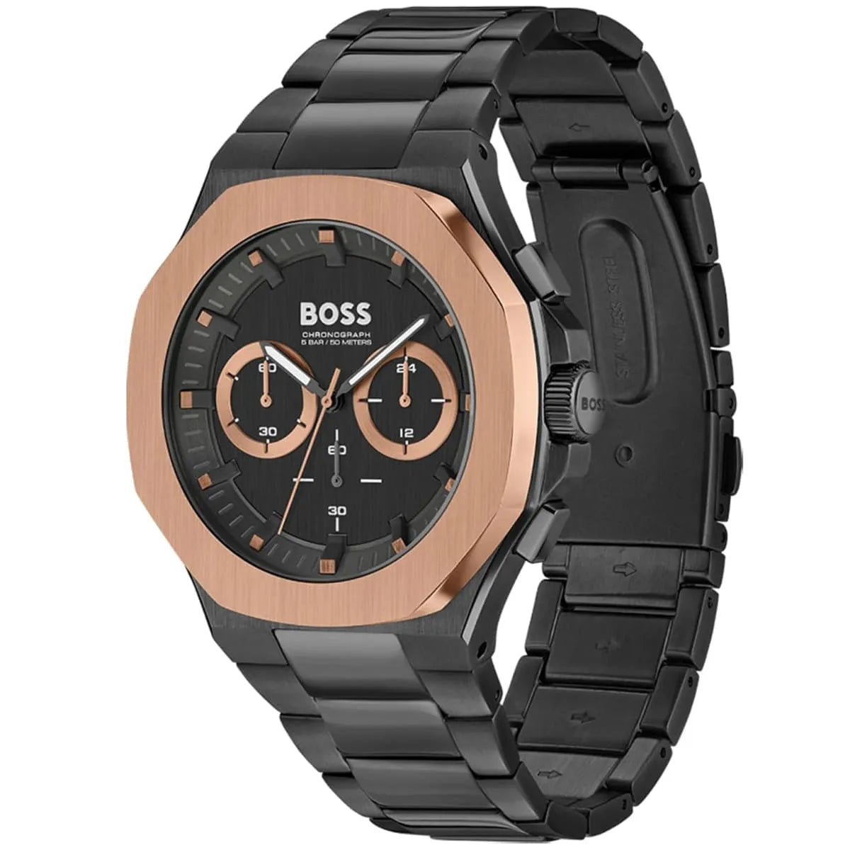 Hugo Boss Taper chronograph watch displayed at angle showing case and black steel bracelet