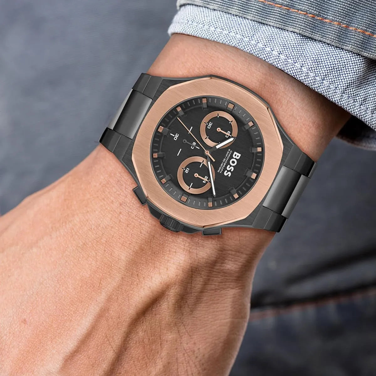 Hugo Boss Taper chronograph watch with original box and product label showing retail packaging