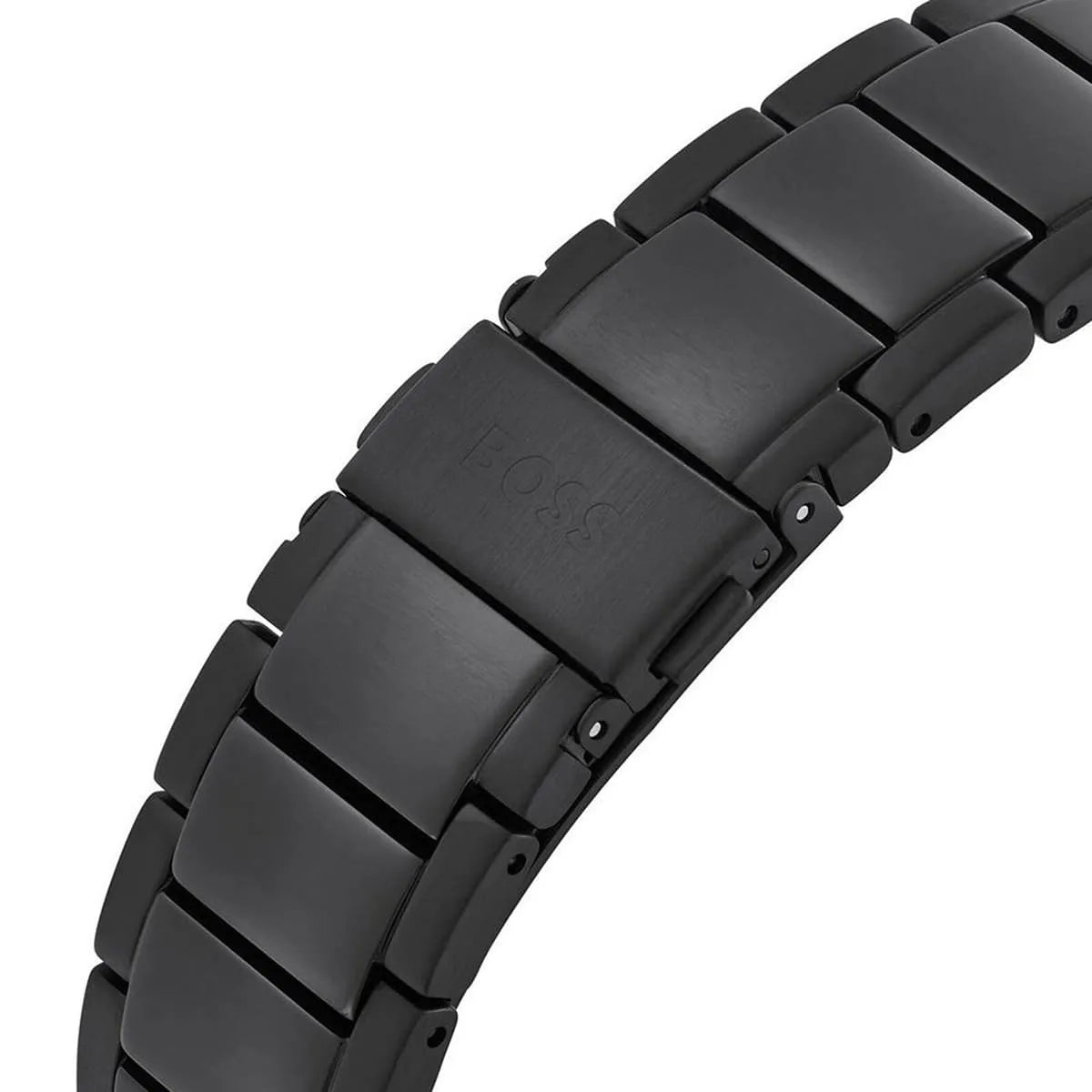 Hugo Boss Taper watch case back detail showing black steel case and specifications engraved