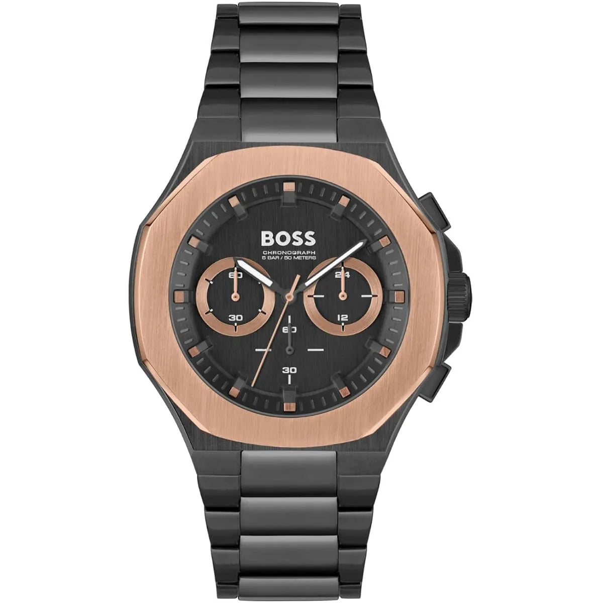 Hugo Boss Taper men's chronograph watch black dial with rose gold chronograph subdials