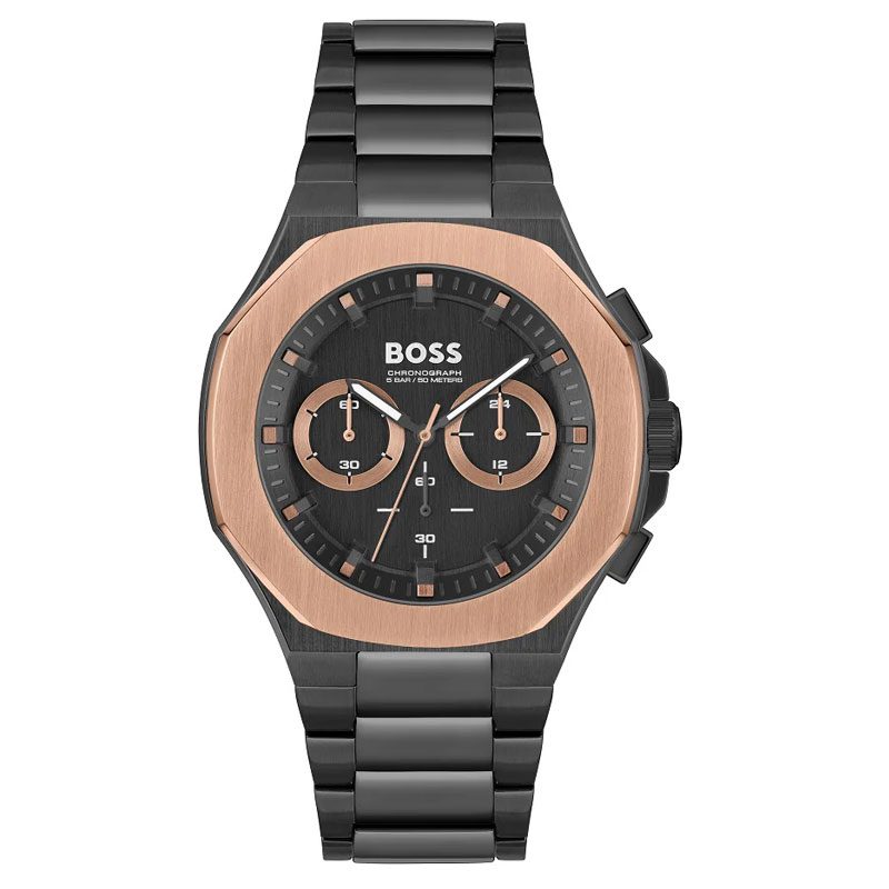 Hugo Boss Taper chronograph watch with black dial, rose gold bezel, and black steel bracelet