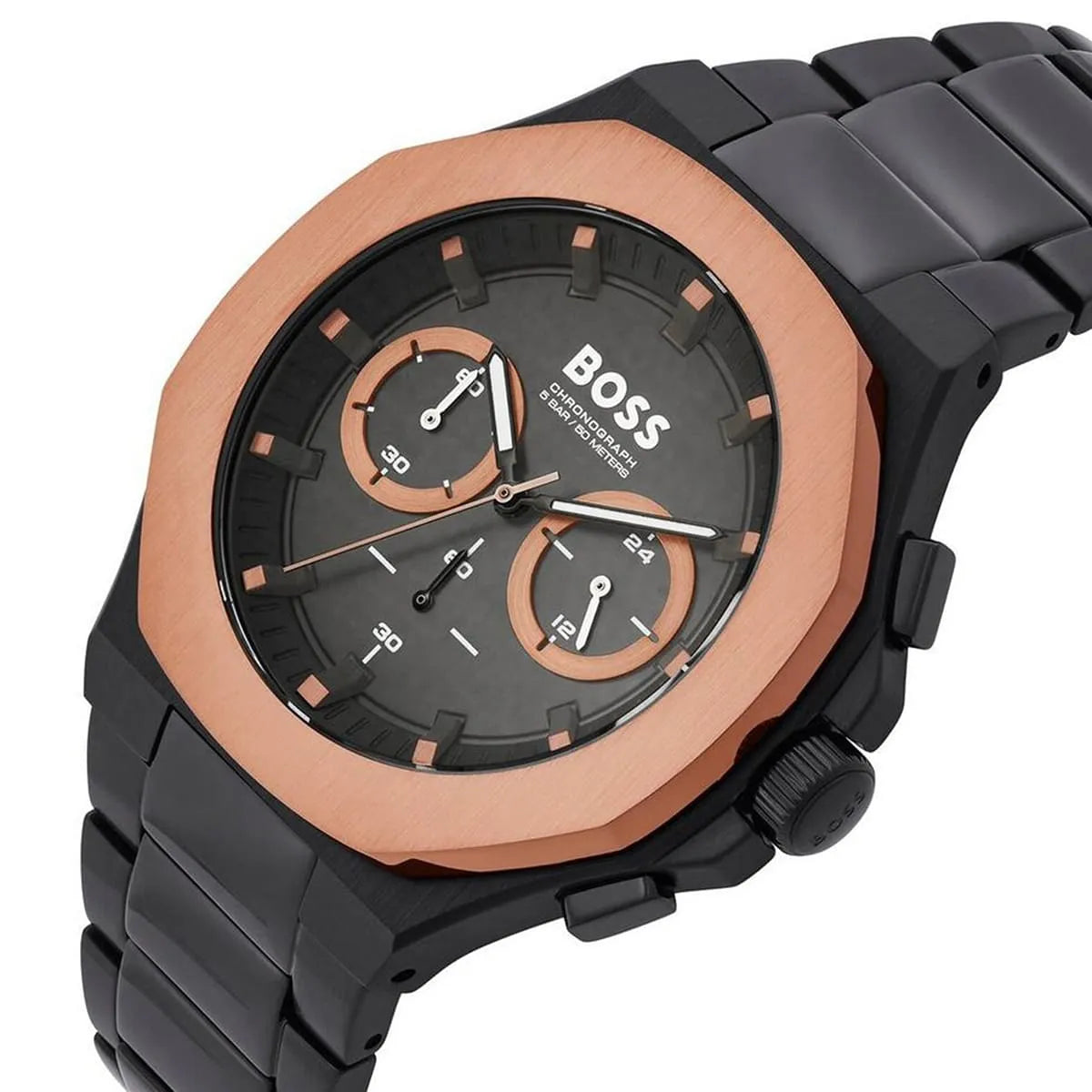 Hugo Boss Taper chronograph watch side view showing rose gold case, black dial, and steel bracelet
