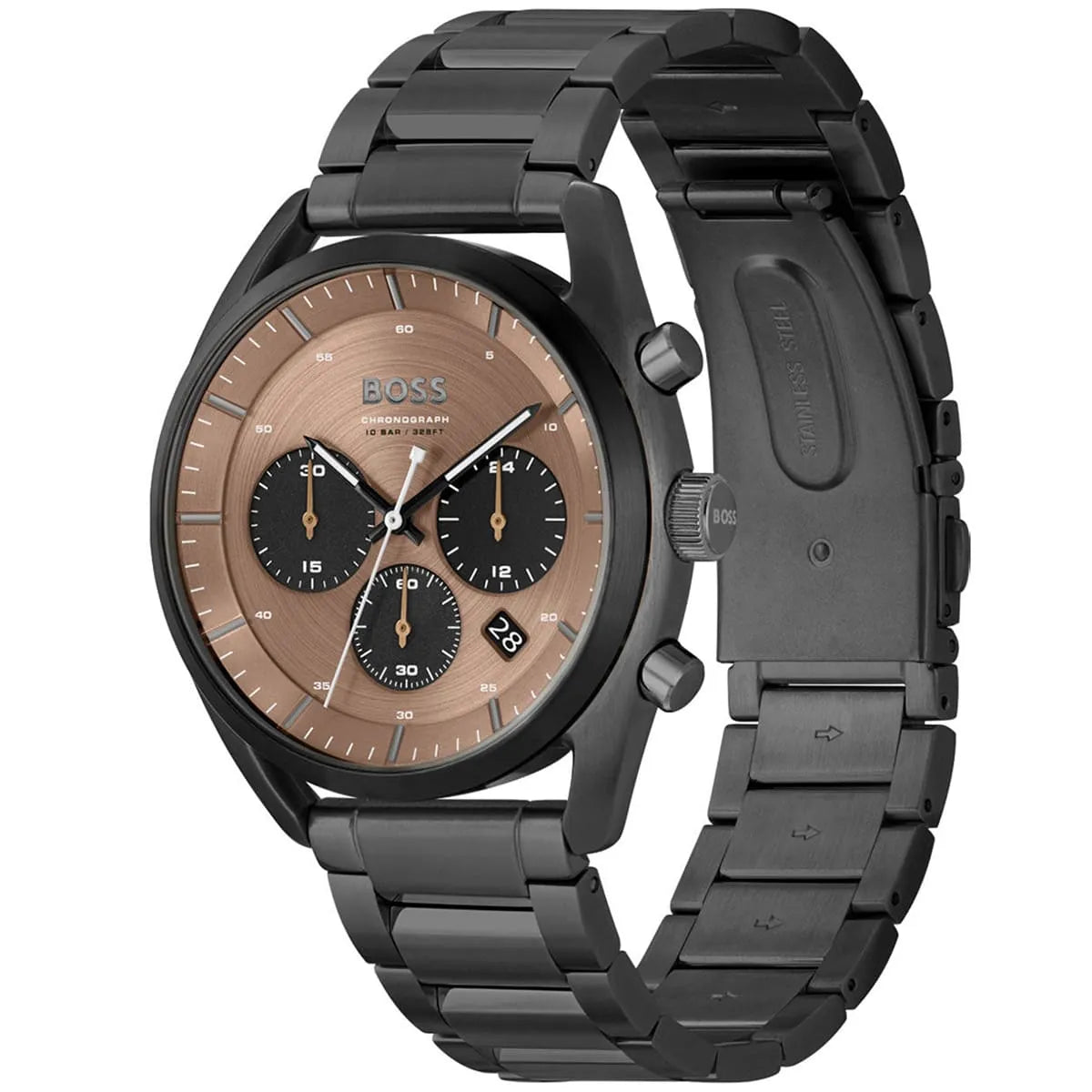 Hugo Boss Top chronograph watch angled view showing black bracelet and bronze dial