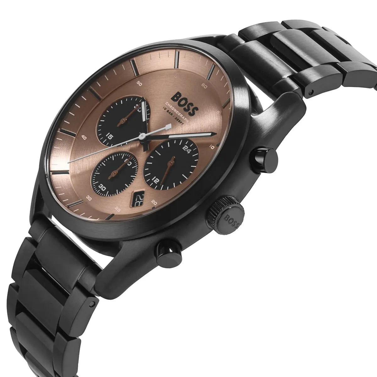 Hugo Boss Top watch side angle displaying case profile and metal bracelet