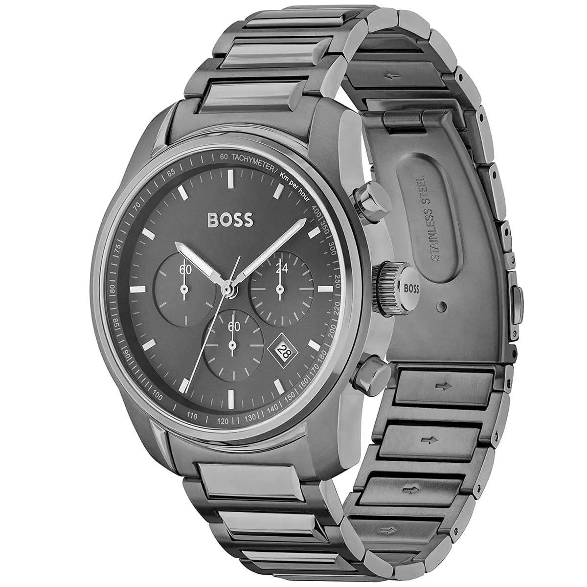 Hugo Boss Trace chronograph watch shown from angle view with grey steel bracelet