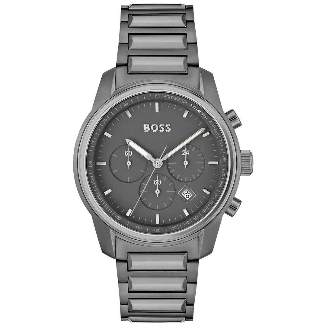 Hugo Boss Trace chronograph watch with grey dial and grey steel bracelet