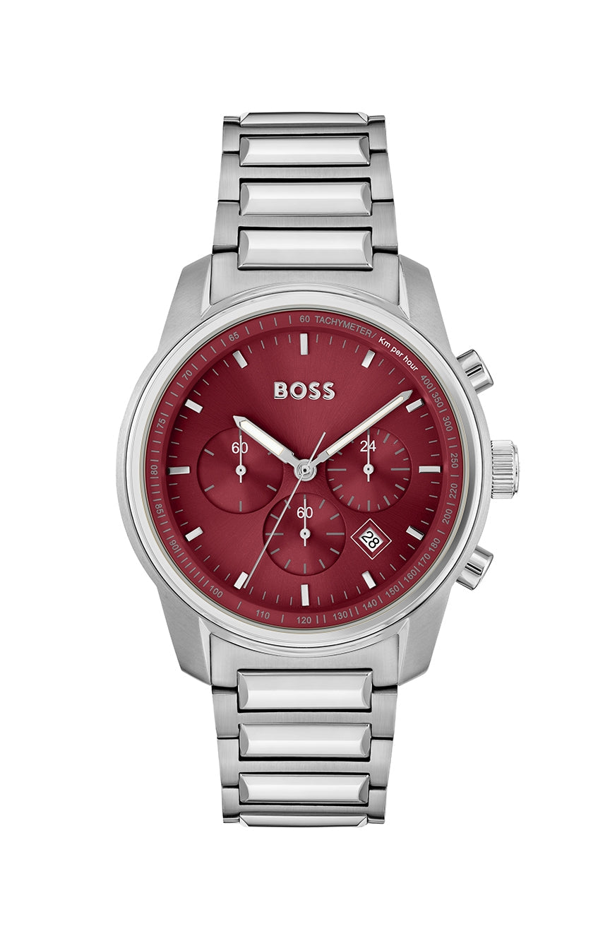 Hugo Boss Trace chronograph men's watch with burgundy dial and stainless steel bracelet