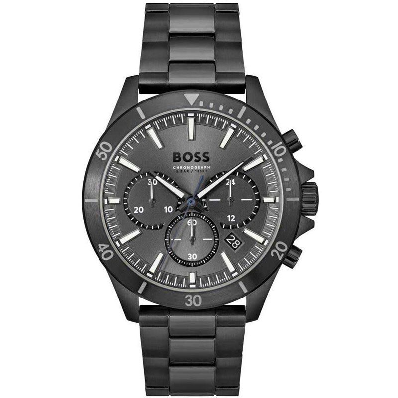Hugo Boss Troper black chronograph watch with black dial and stainless steel bracelet