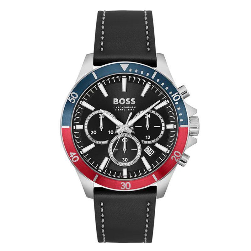 Hugo Boss Troper chronograph watch with black dial, blue and red bezel, silver case, and black leather strap