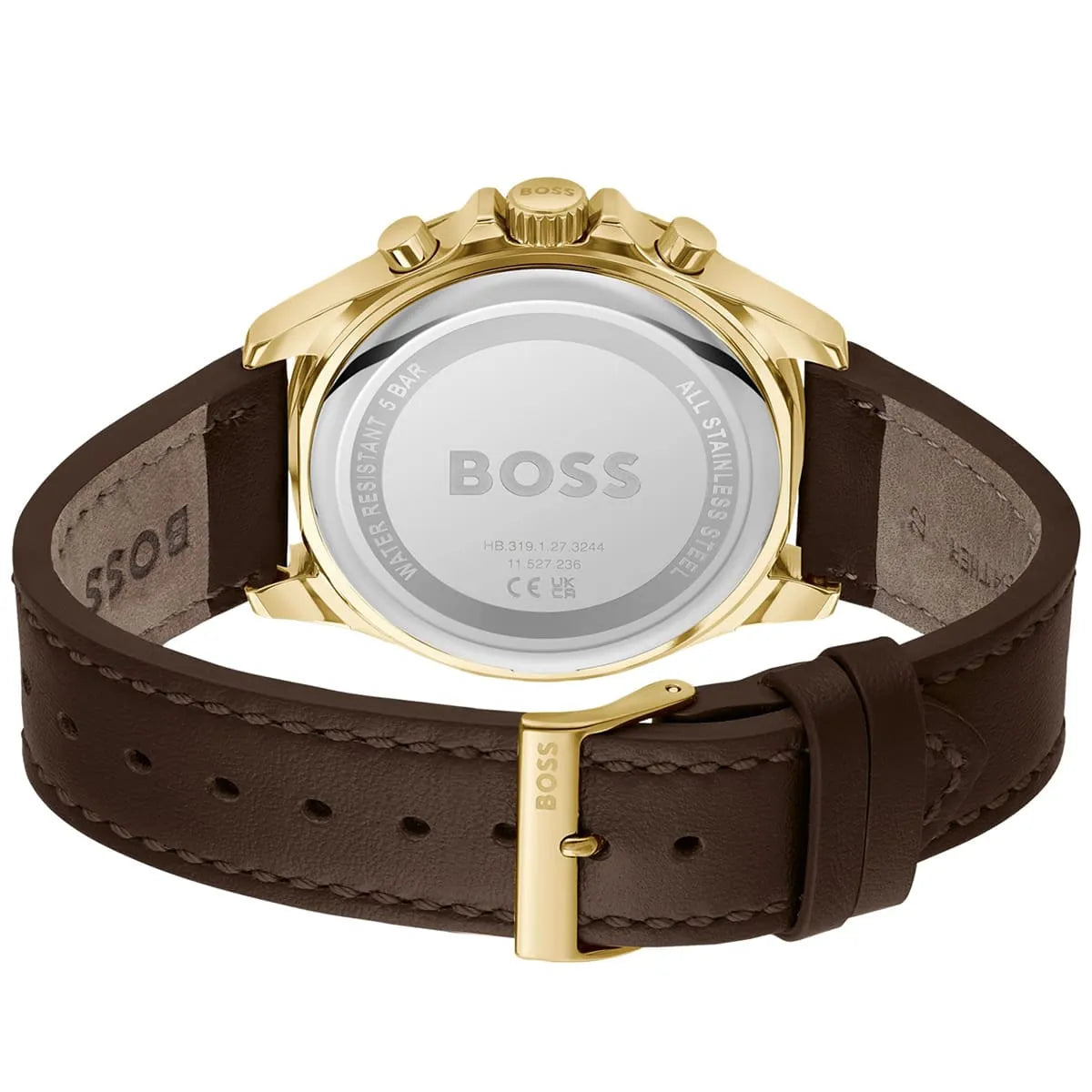 Hugo Boss Troper watch caseback showing transparent case back with BOSS logo