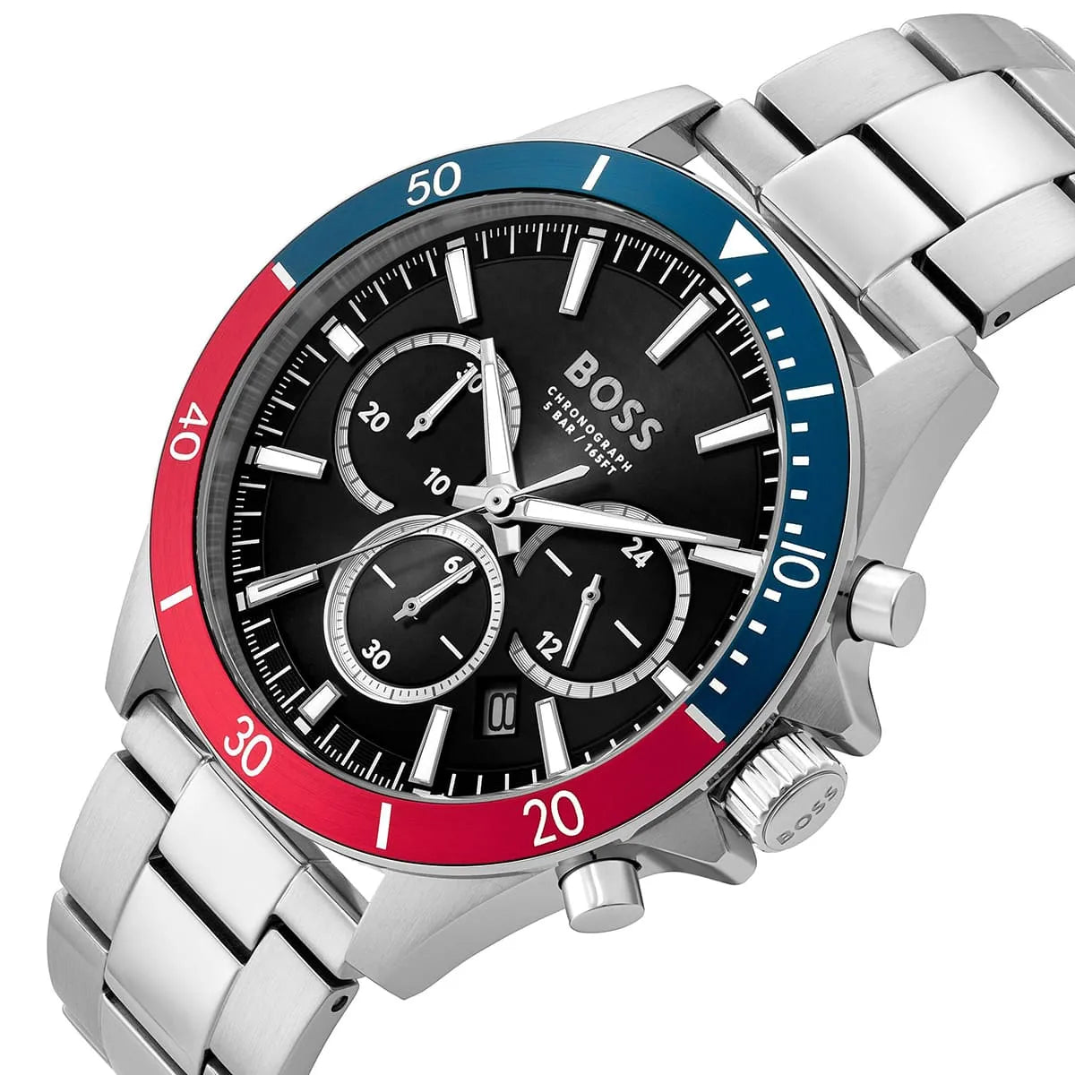Hugo Boss Troper dial detail showing chronograph subdials with blue and red rotating bezel