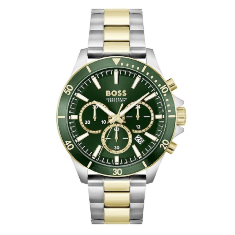 Hugo Boss Troper chronograph watch with green dial and silver and gold two-tone bracelet
