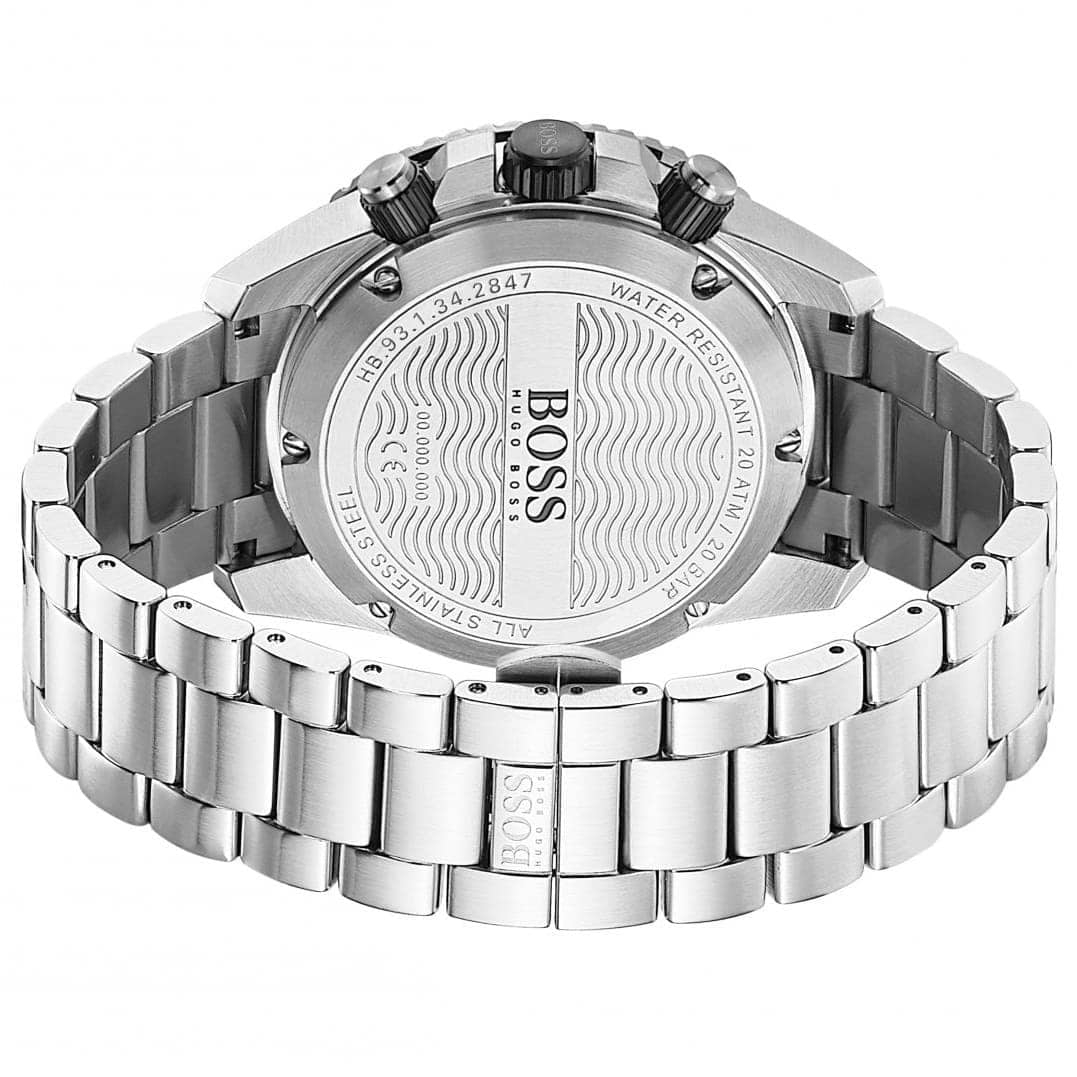 Close-up of Hugo Boss Vela caseback with wave pattern engraving and BOSS logo