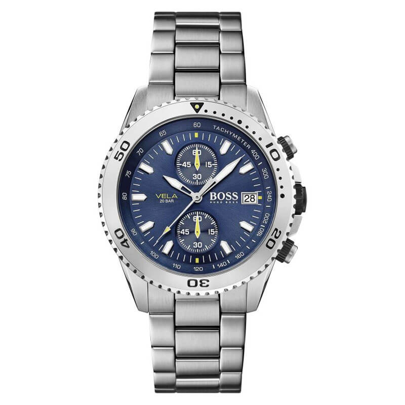 Hugo Boss Vela chronograph watch with blue dial, stainless steel case and bracelet
