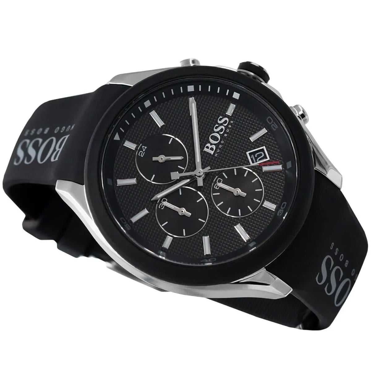 Hugo Boss Velocity chronograph watch side view with black dial and three sub-dials visible