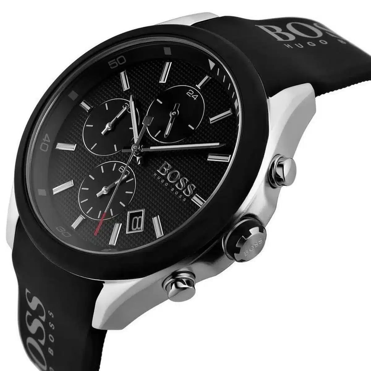 Hugo Boss Velocity chronograph watch displayed at angle showing black case and strap