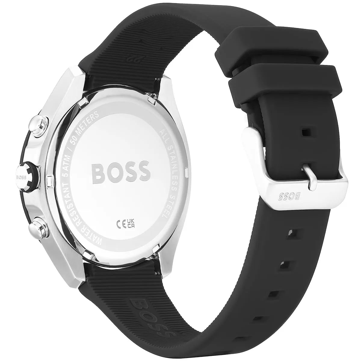 Hugo Boss Velocity watch caseback showing BOSS branding and certification markings