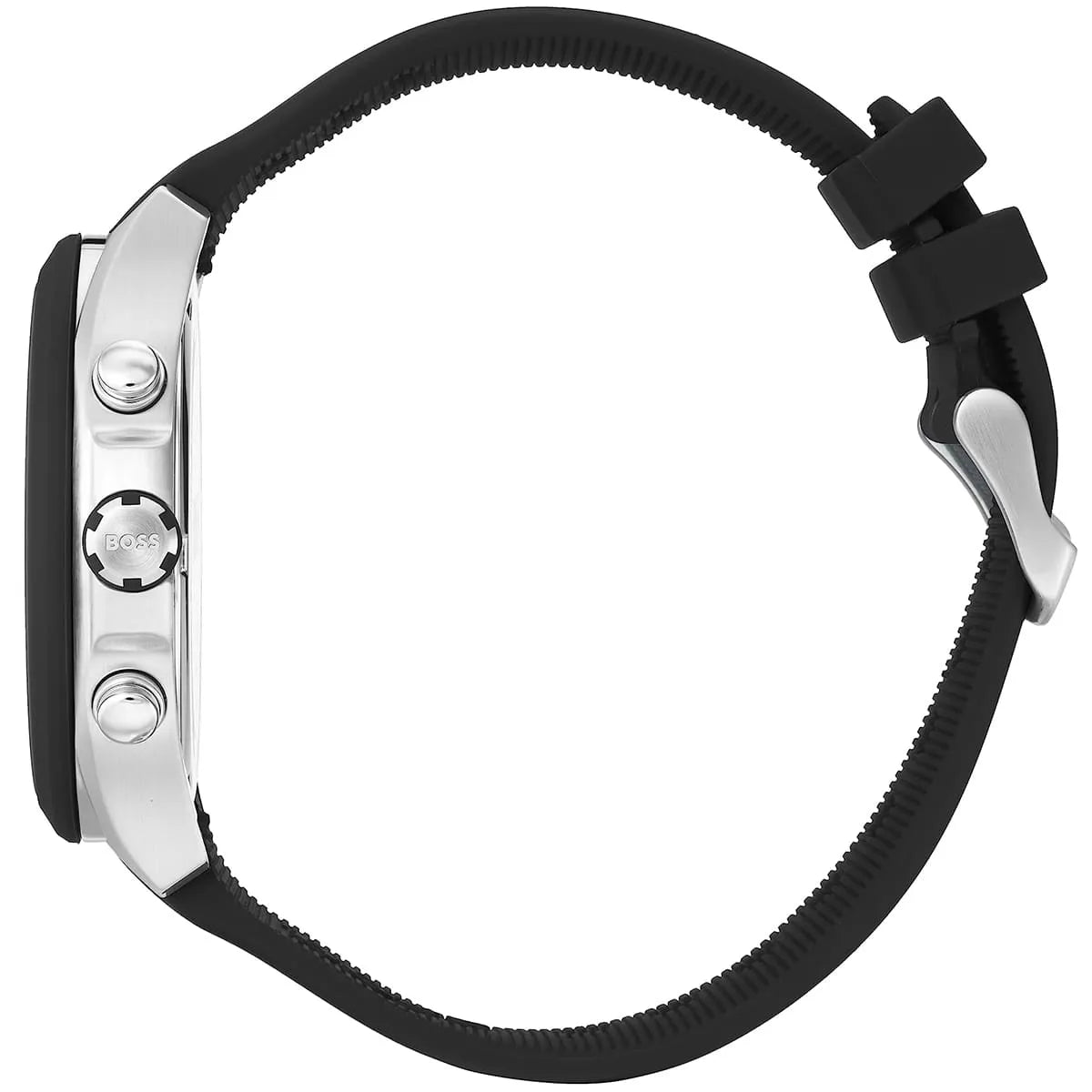 Hugo Boss Velocity watch strap detail showing black rubber with textured pattern and buckle