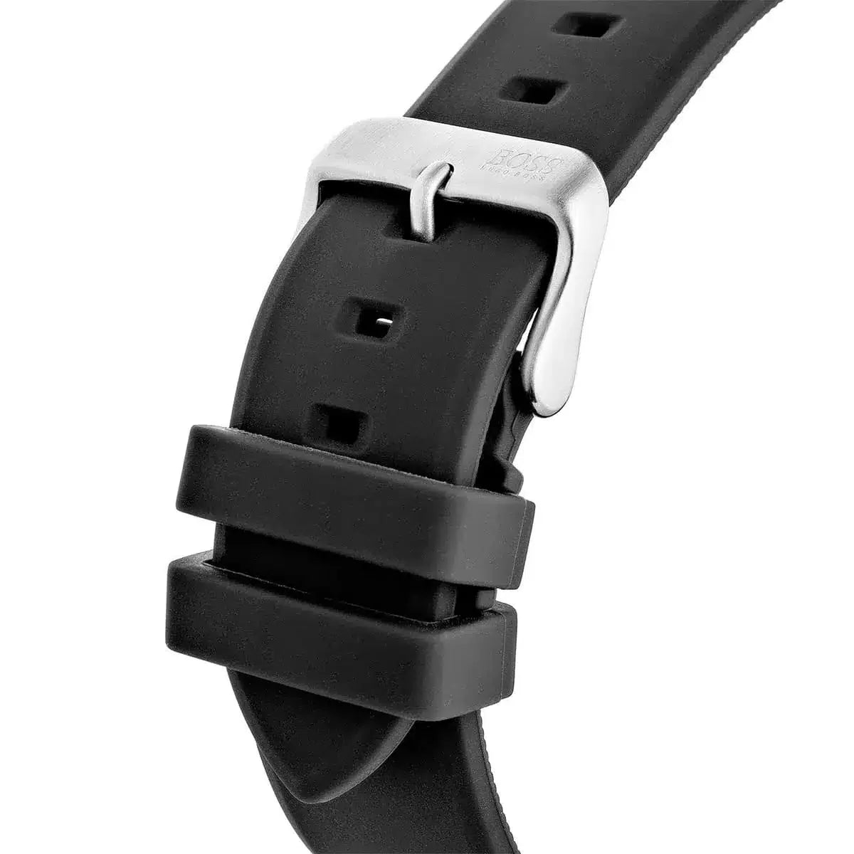 Hugo Boss Velocity black rubber strap with white buckle and BOSS branding