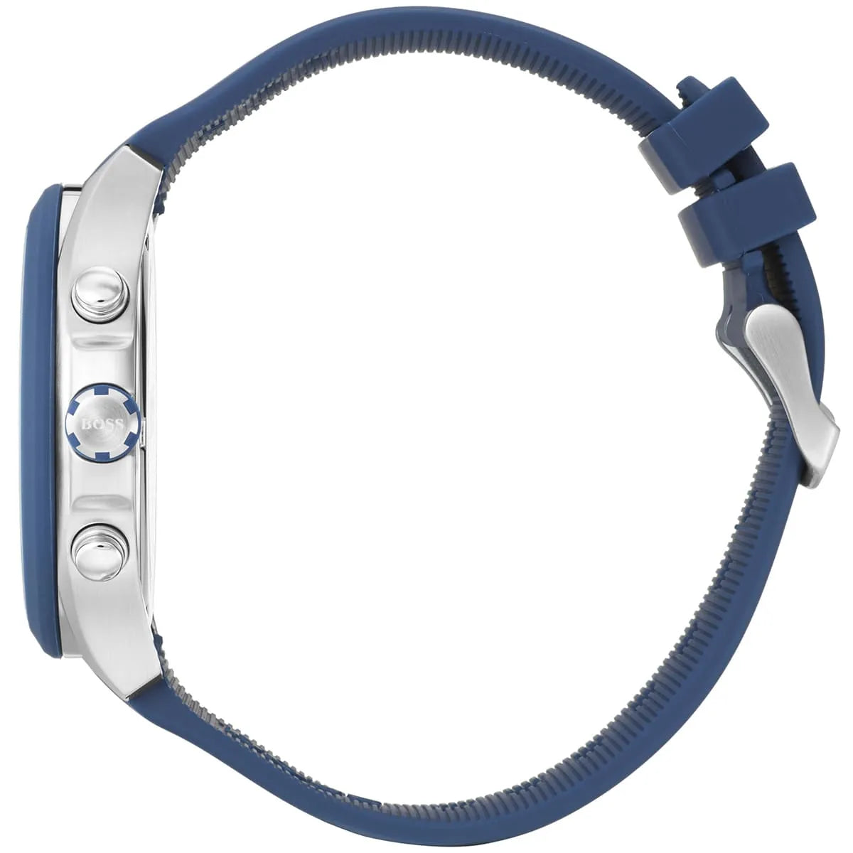 Hugo Boss Velocity watch side view displaying blue rubber strap and chronograph case
