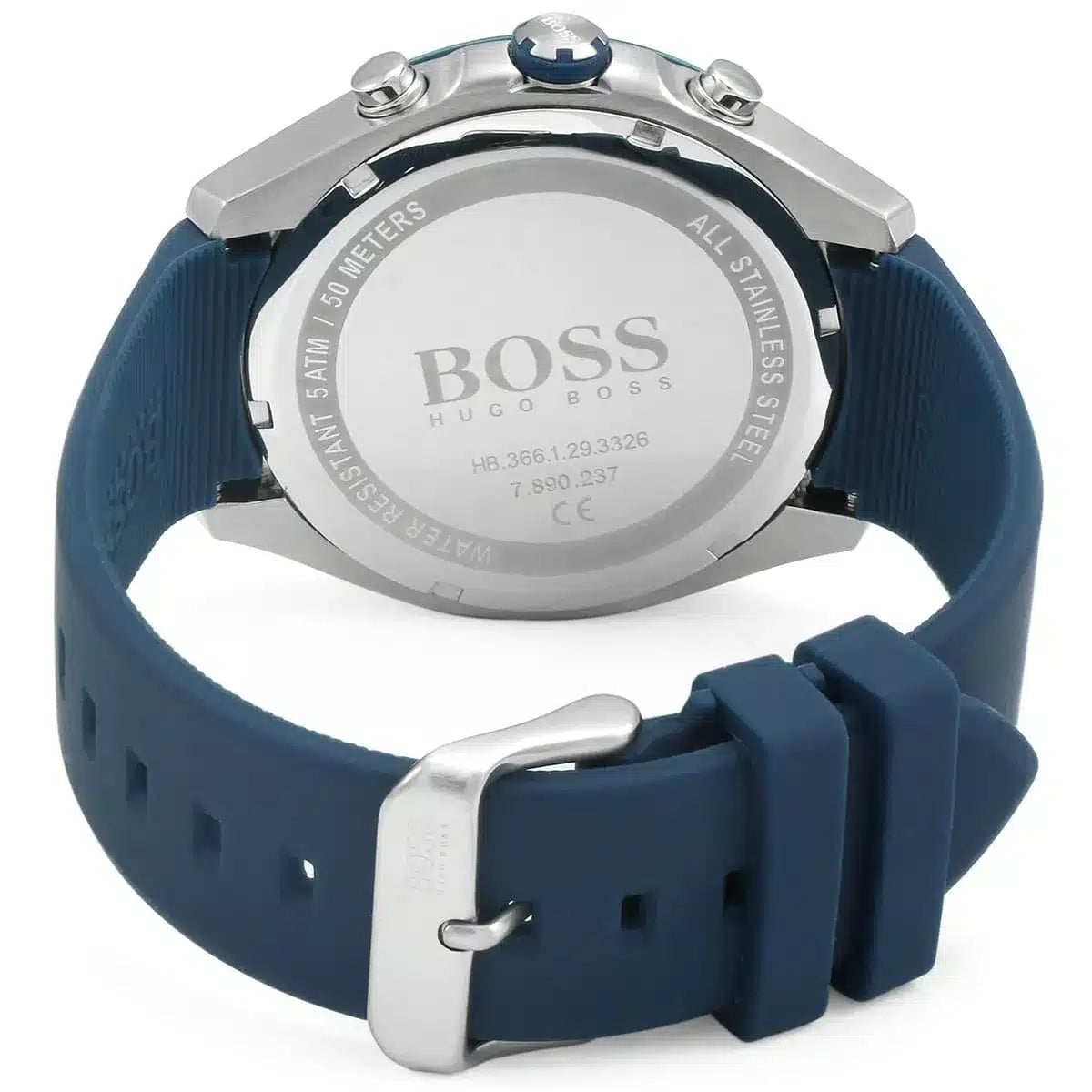 Hugo Boss Velocity watch back view showing engraved caseback and blue rubber strap