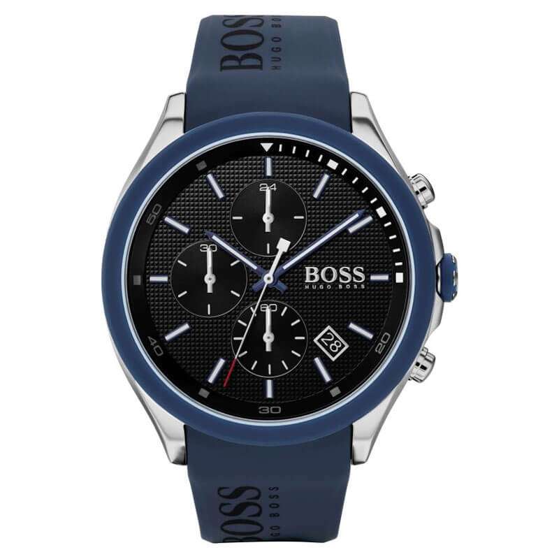 Hugo Boss Velocity chronograph watch with black dial and blue rubber strap