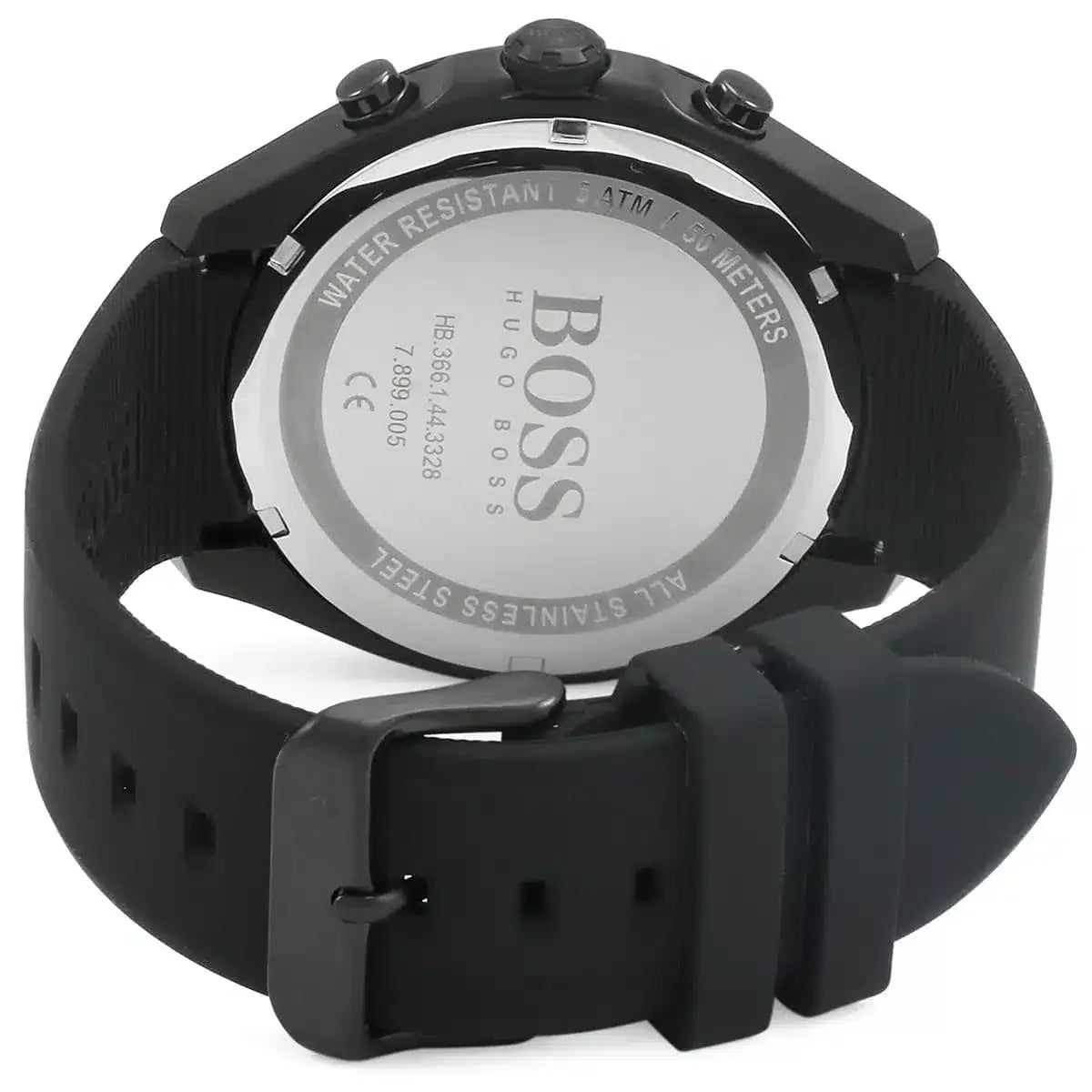 Hugo Boss Velocity watch caseback displaying water resistance and movement specifications
