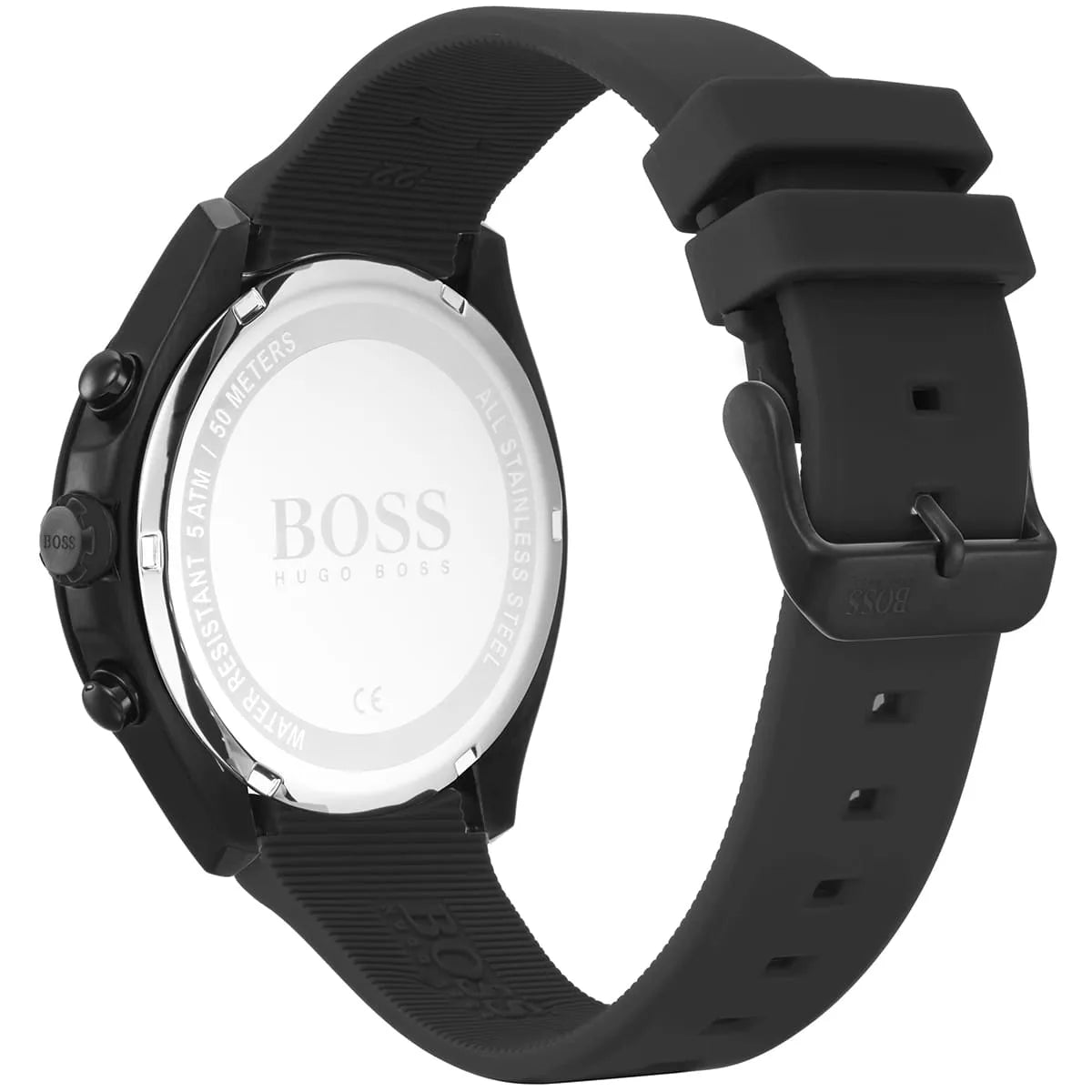 Hugo Boss Velocity watch caseback with stainless steel case back and black rubber strap