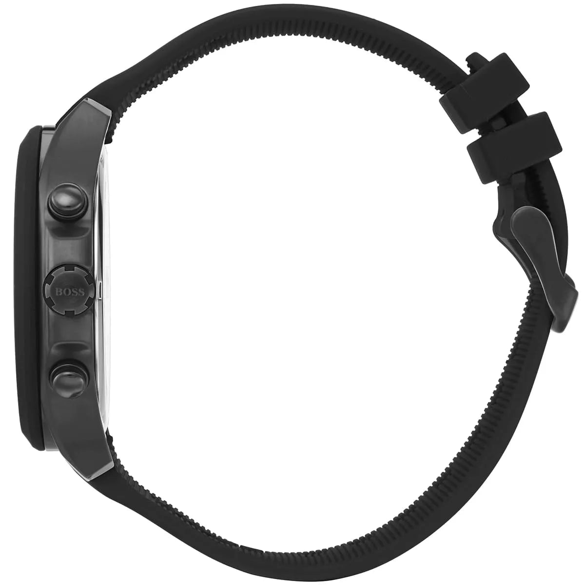 Side view of Hugo Boss Velocity chronograph watch showing black case and rubber strap