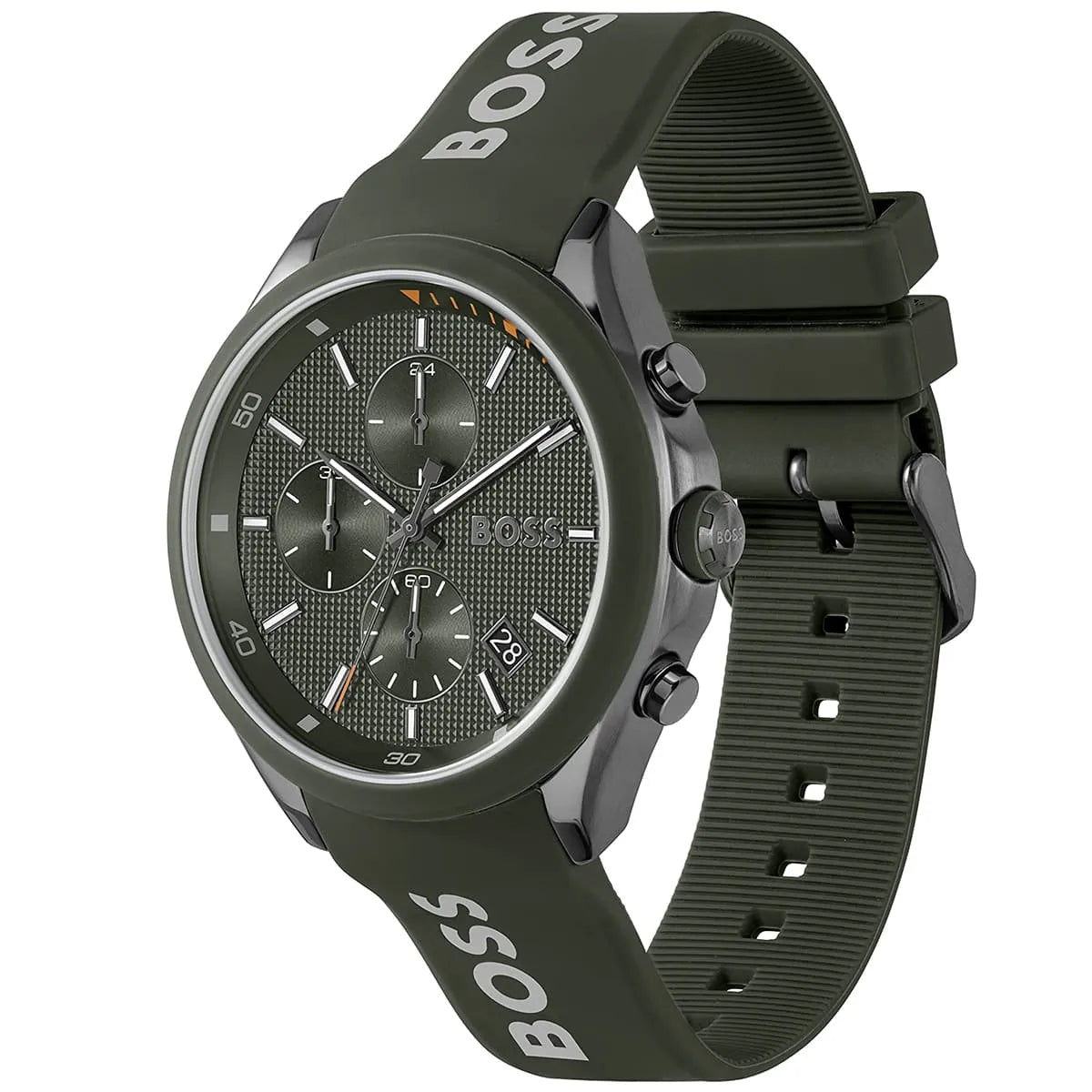 Hugo Boss Velocity watch angled view showing green rubber strap and chronograph subdials