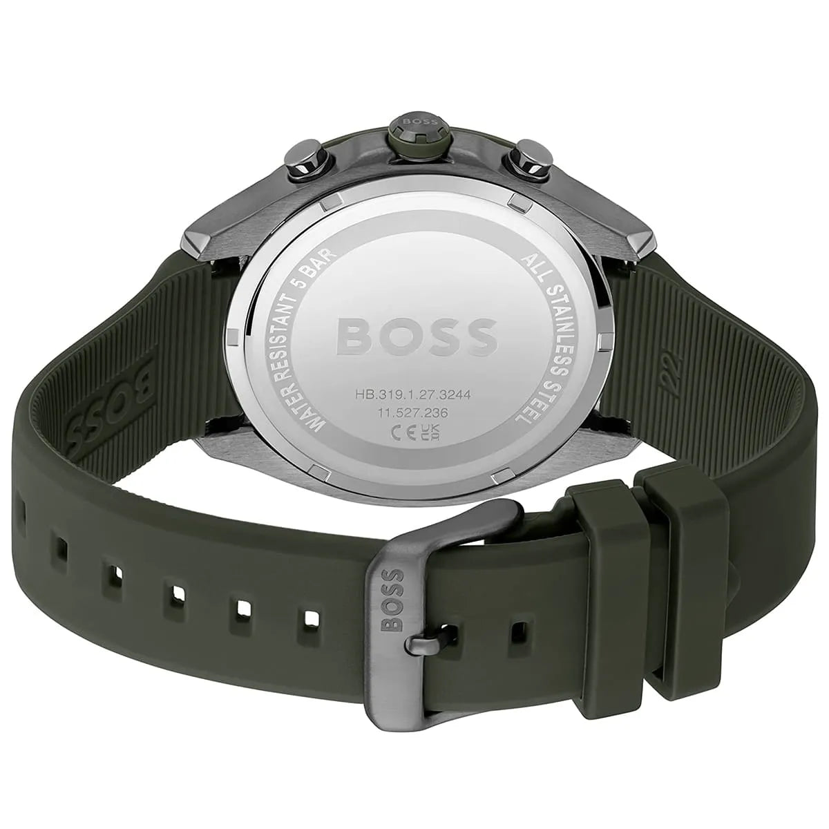 Hugo Boss Velocity watch caseback showing silver case back and green rubber strap