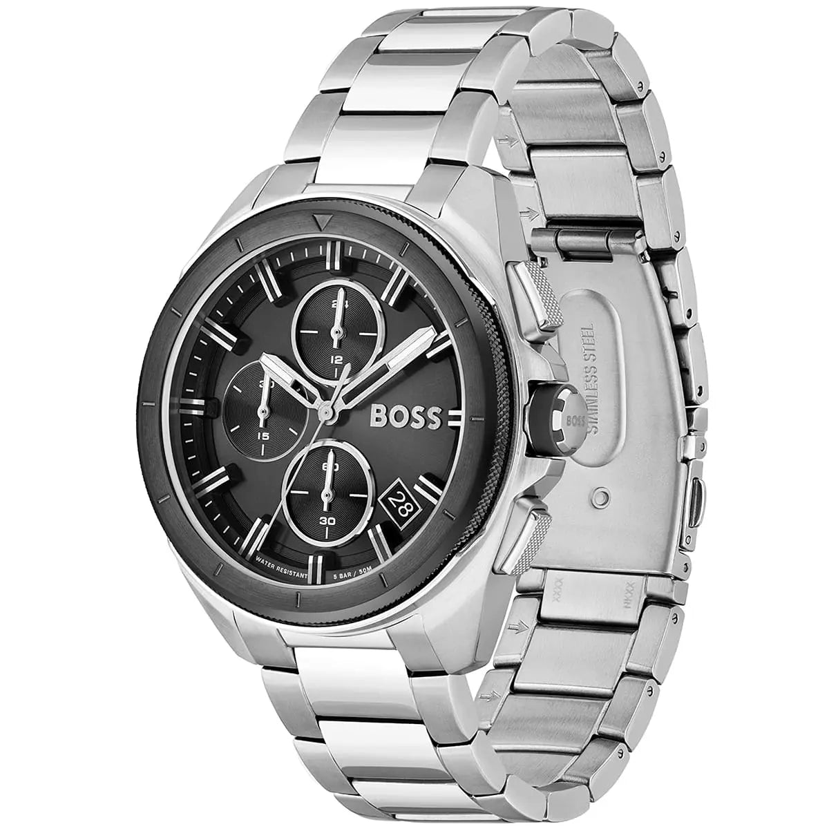 Hugo Boss Volane men's chronograph watch side angle view with metal bracelet
