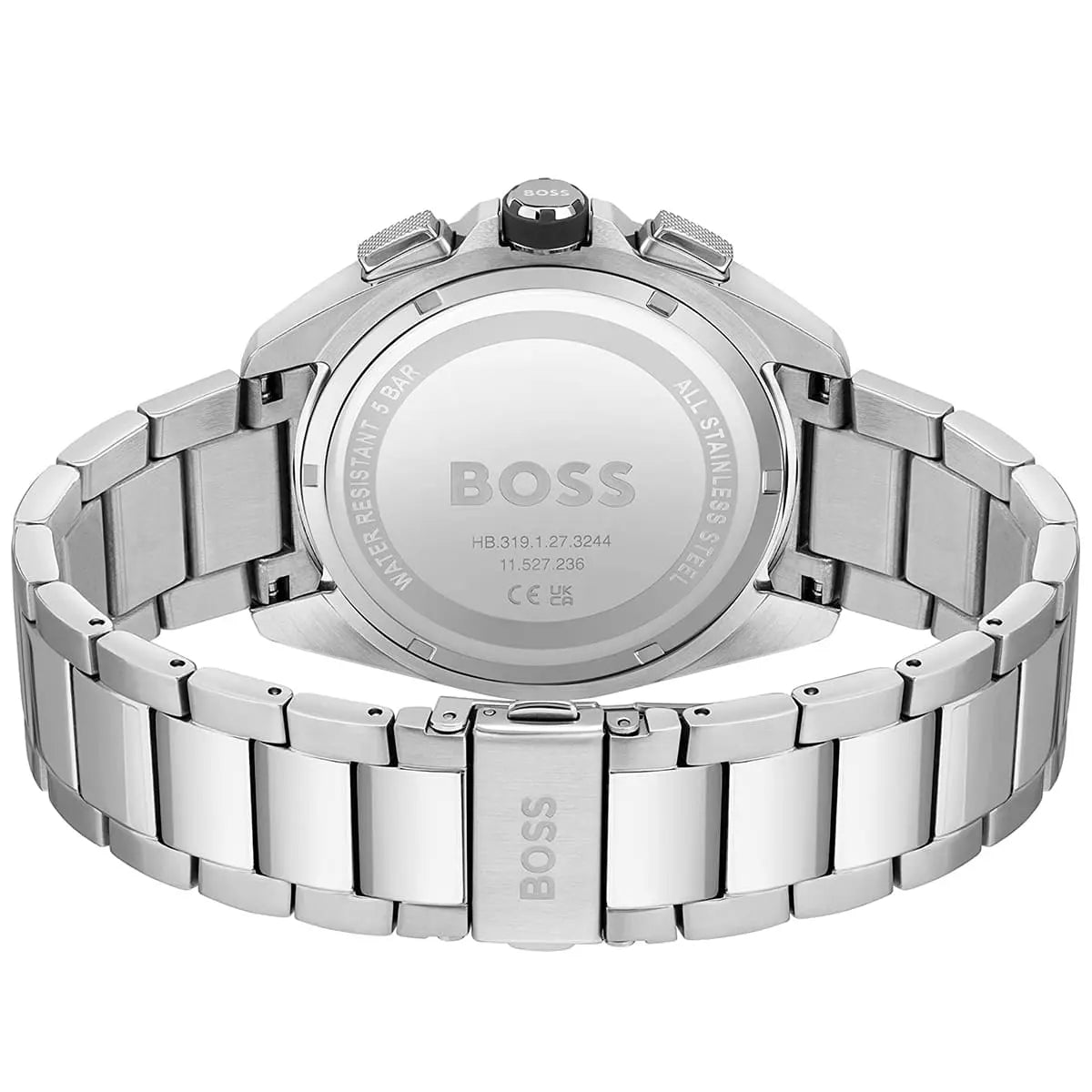 Hugo Boss Volane watch caseback showing stainless steel case and bracelet