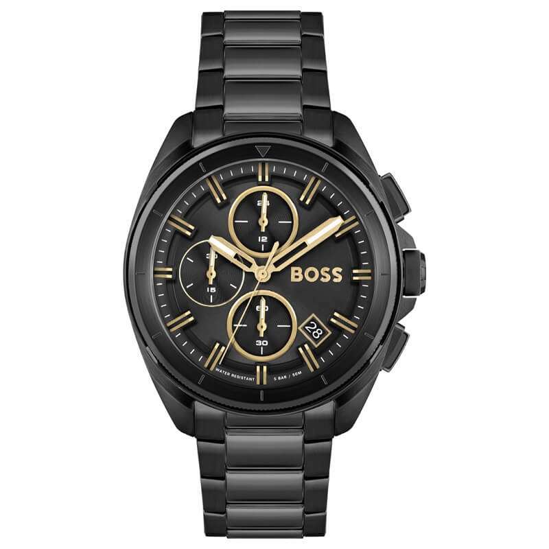 Hugo Boss Volane black dial chronograph watch with gold hands and subdials, stainless steel bracelet