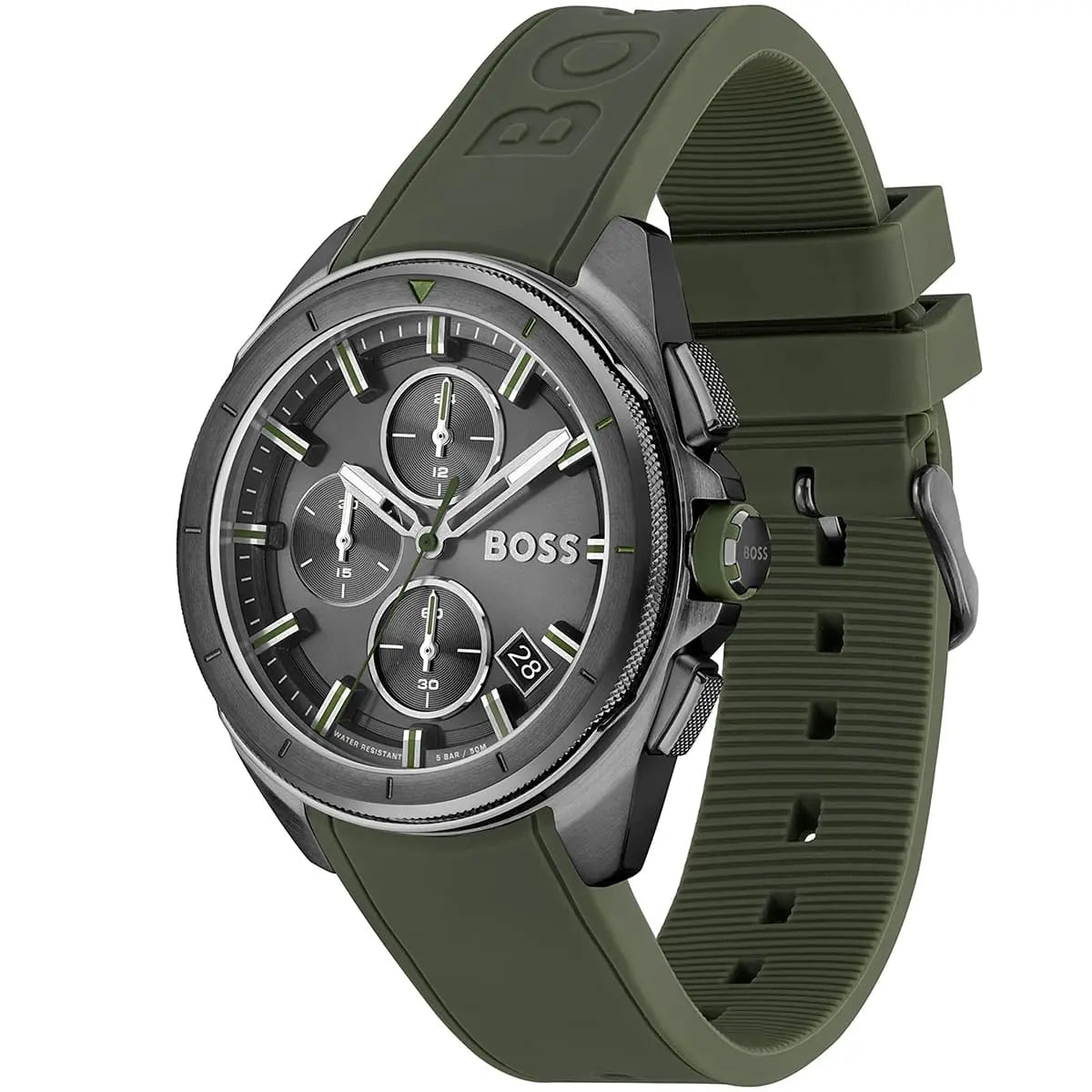 Hugo Boss Volane chronograph watch three-quarter view showing gray dial and green strap
