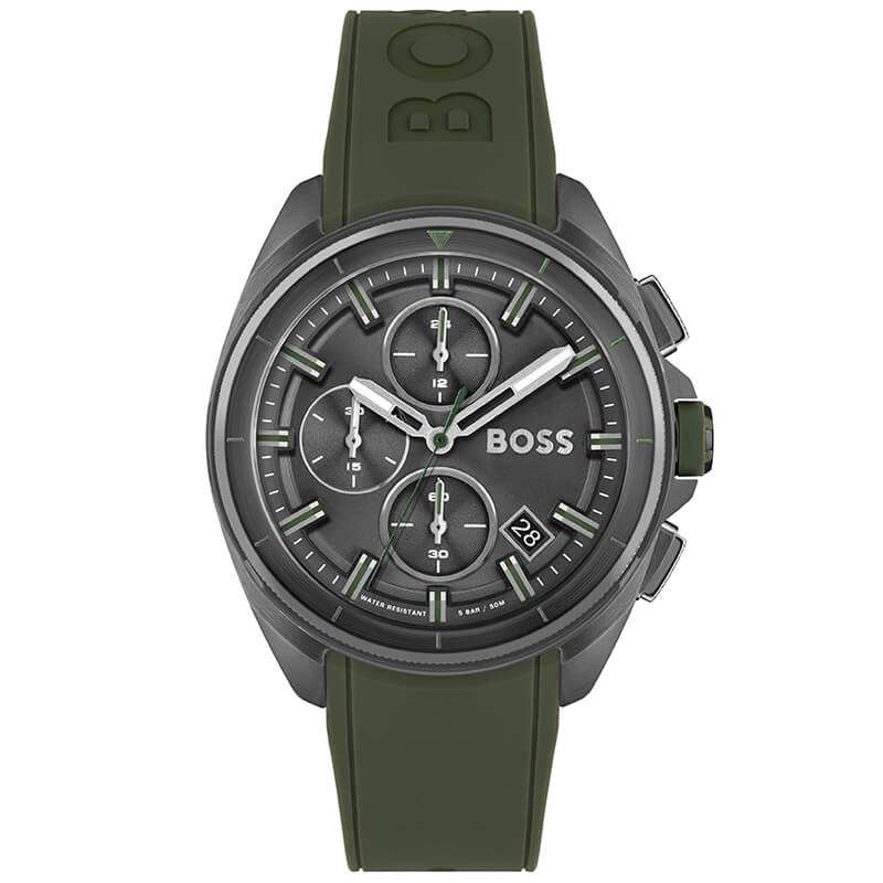 Hugo Boss Volane chronograph men's watch with gray dial and green rubber strap