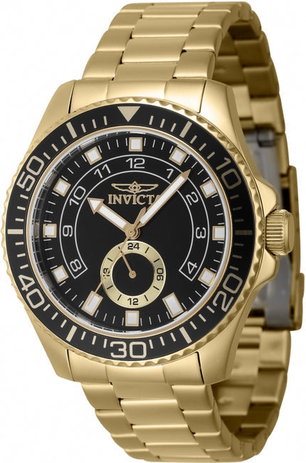 Invicta Pro Diver quartz men's watch with gold-tone case, black dial, and subdial