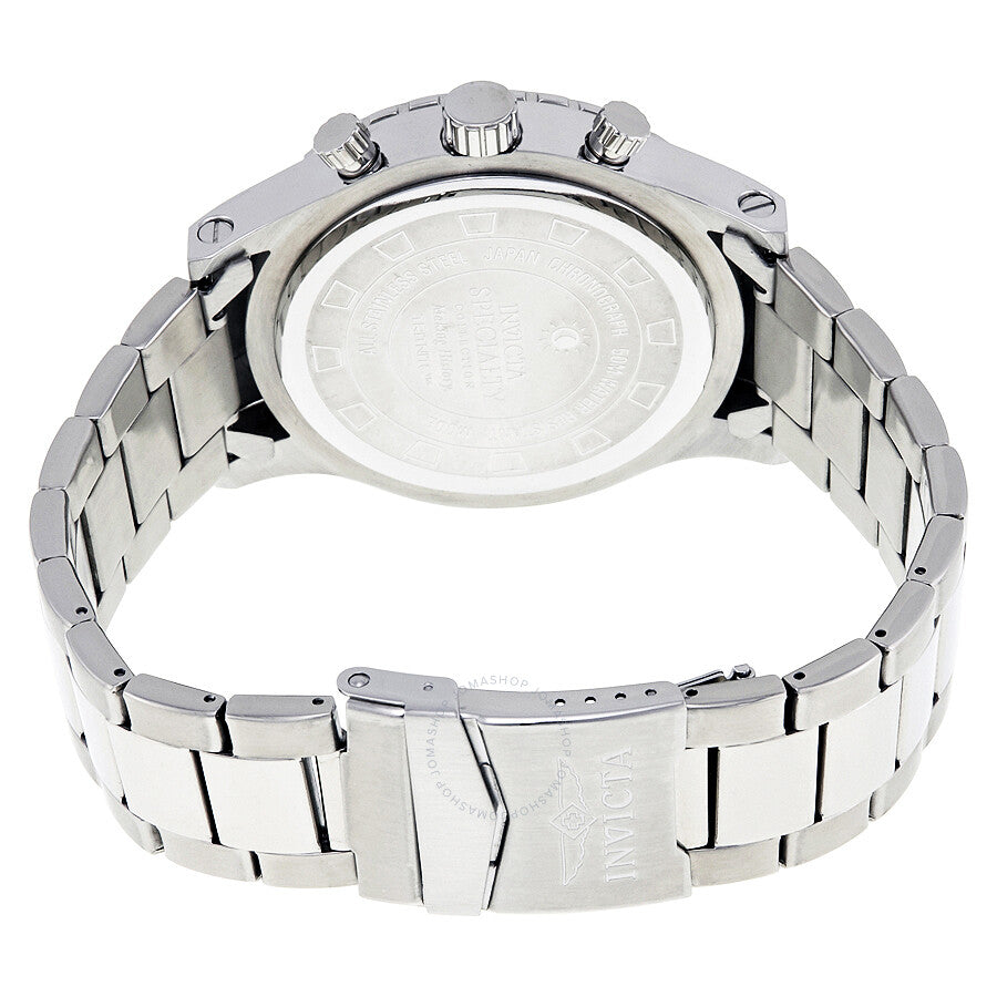 Caseback view of Invicta Elegant Ocean chronograph men's watch showing metal case and bracelet