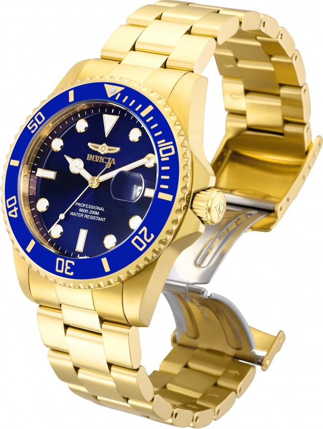 Invicta Pro Diver angled view displaying gold bracelet and blue rotating bezel