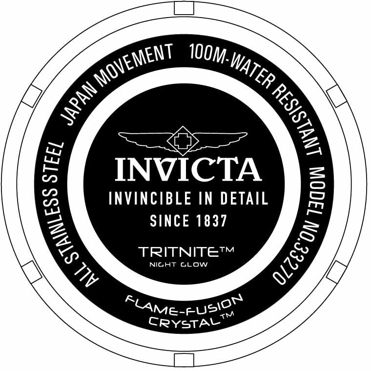 Invicta caseback engraving showing Japan movement, water resistance, and Tritnite markings