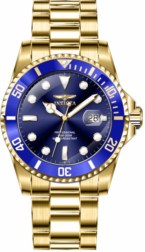 Invicta Pro Diver front view showing blue dial with applied indices and date window