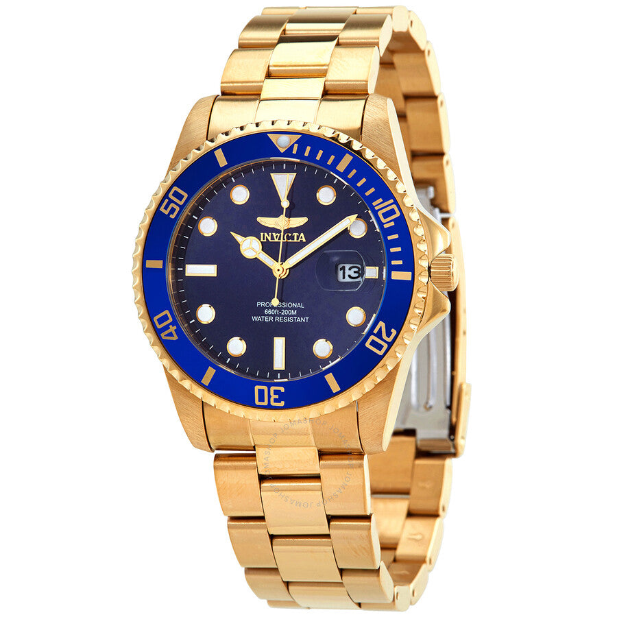 Invicta Pro Diver watch with blue dial, blue bezel, gold case and bracelet