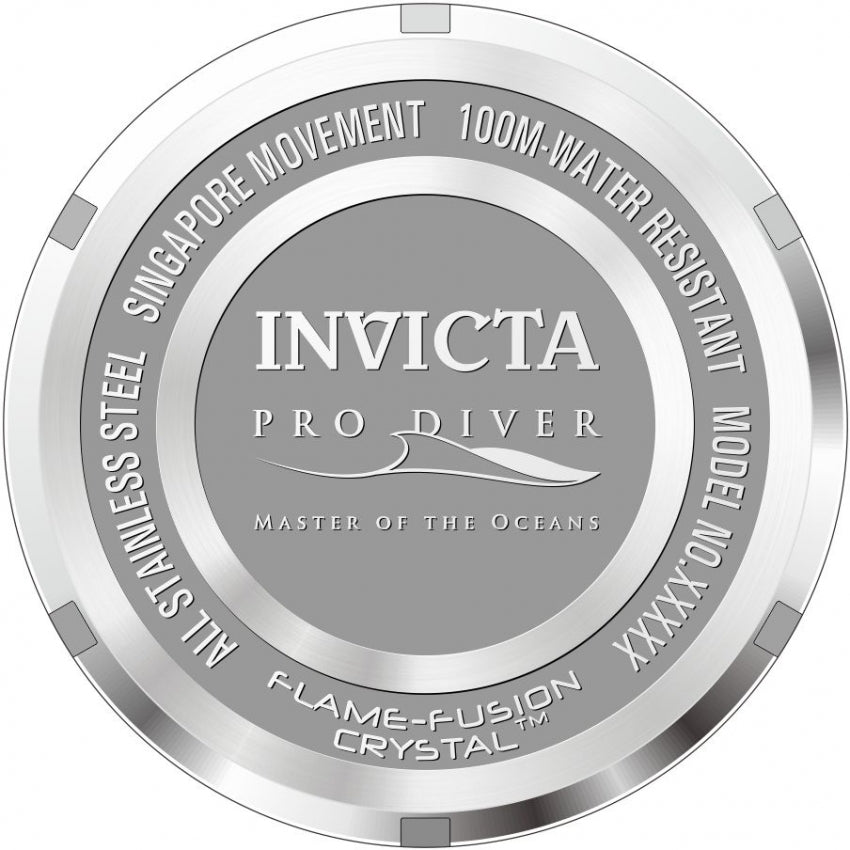 Invicta Pro Diver caseback showing Silicone Core movement and 100M water resistance specification