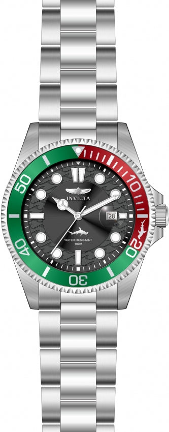 Front view of Invicta Pro Diver with black dial, date window, and green-red dive bezel