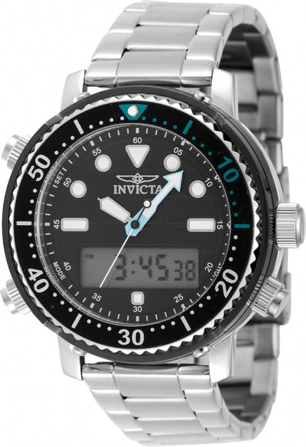 Invicta Pro Diver men's watch with black analog dial, digital display, and stainless steel bracelet