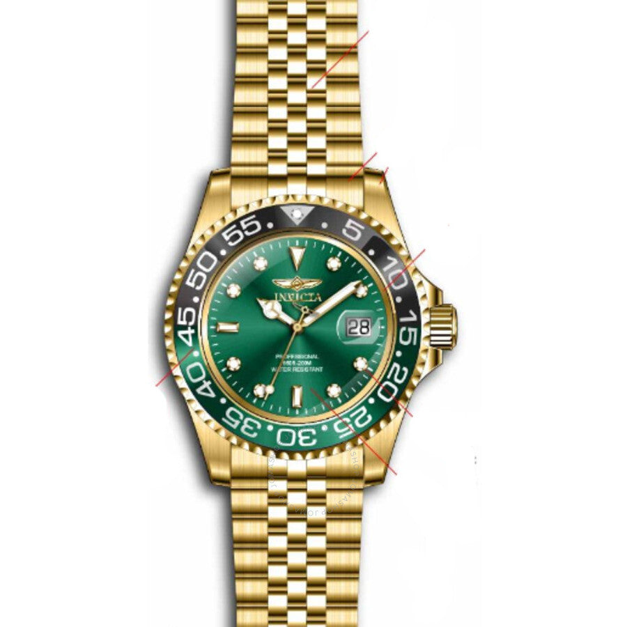 Angled view of Invicta Pro Diver green dial watch with gold bracelet and black sprite bezel