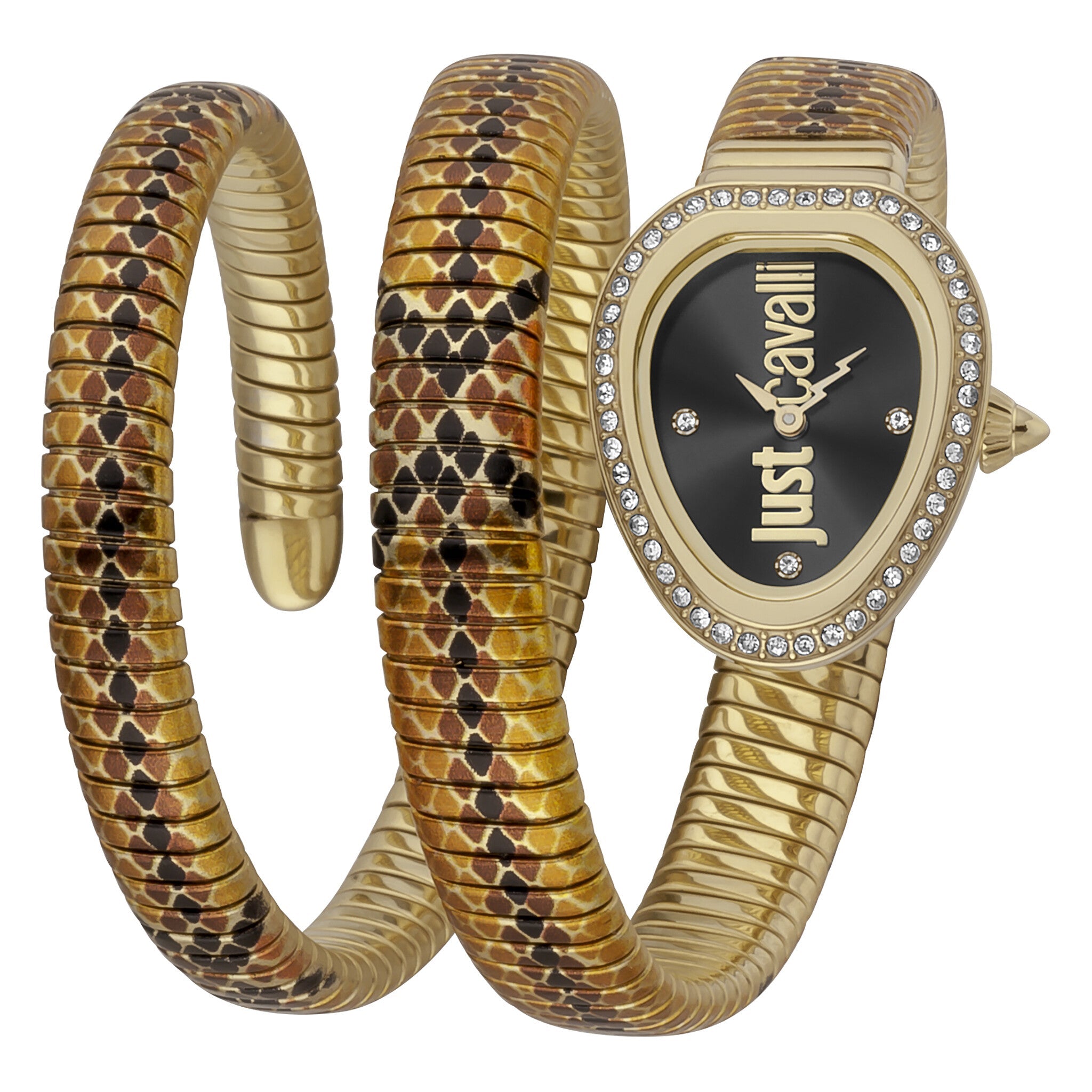 Just Cavalli women's watch with gold snake wrap bracelet, black dial, and crystal bezel