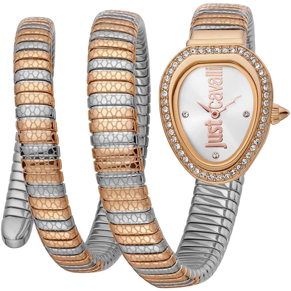 Just Cavalli Glam Snake watch with silver dial, rose gold and silver two-tone snake strap, and crystal-set bezel